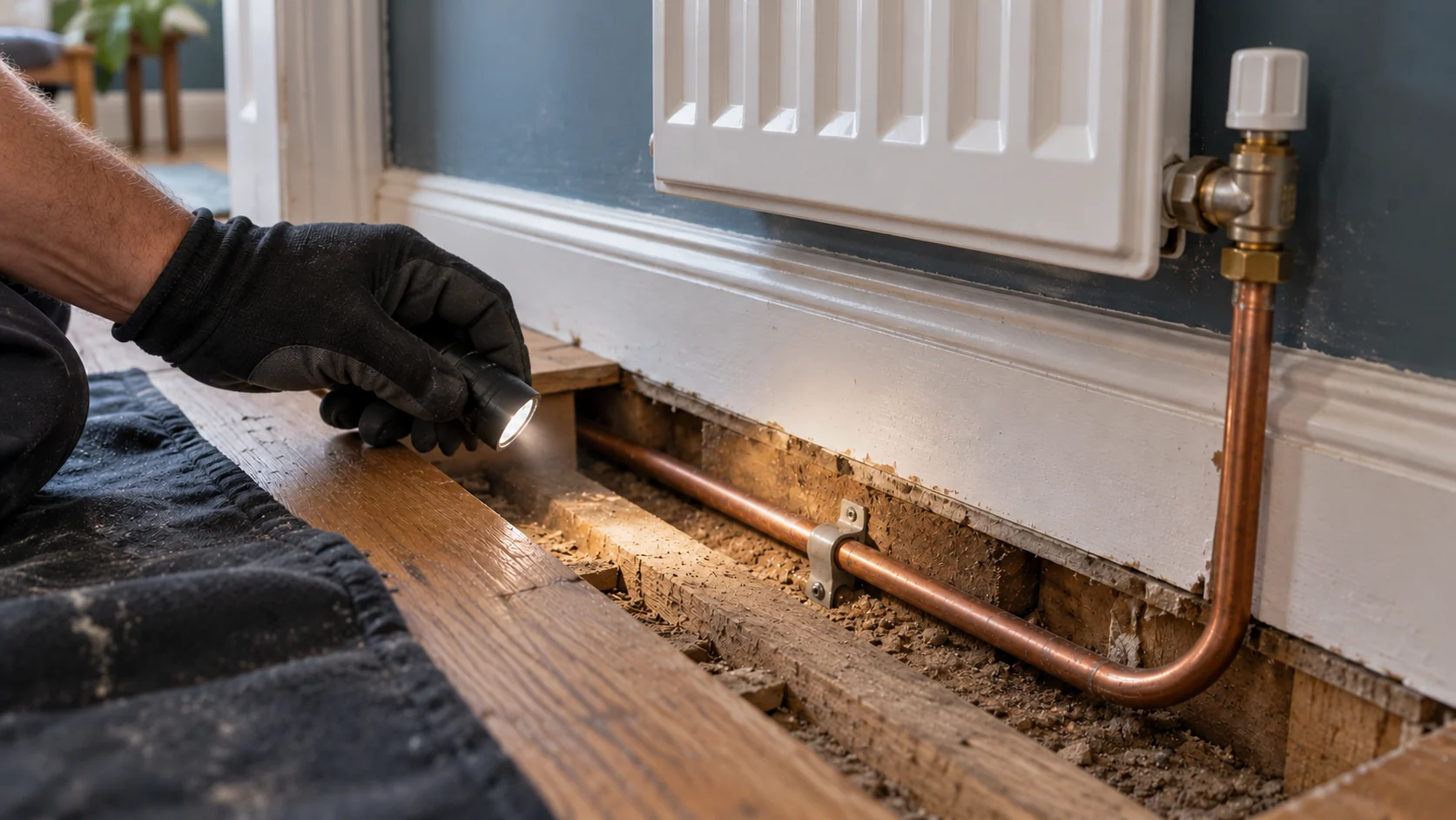 Inspection of an older copper radiator branch beneath a lifted floorboard.