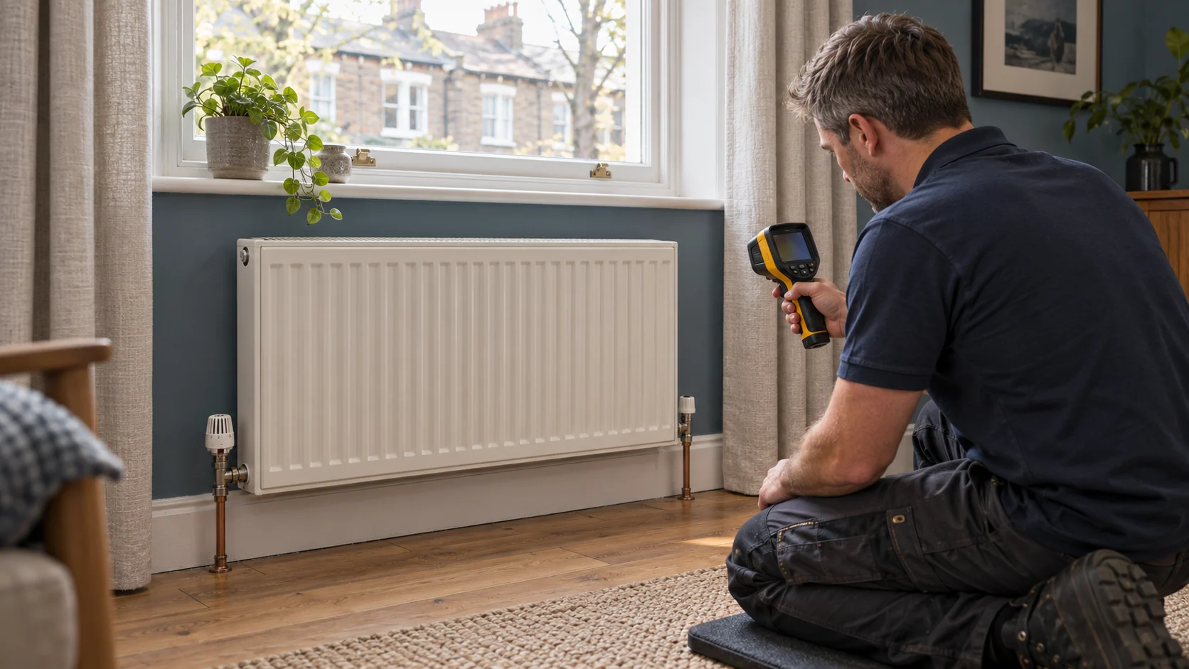 Heating engineer checking a panel radiator with a handheld thermal camera.