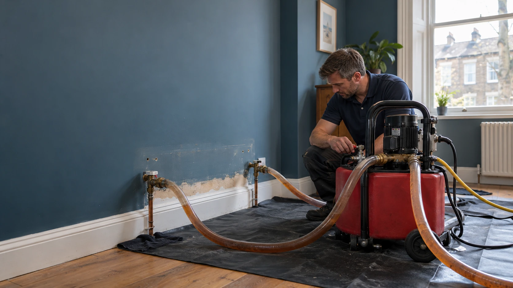 Heating engineer operating a powerflushing machine in a blue room, with discoloured heating water in reinforced hoses.