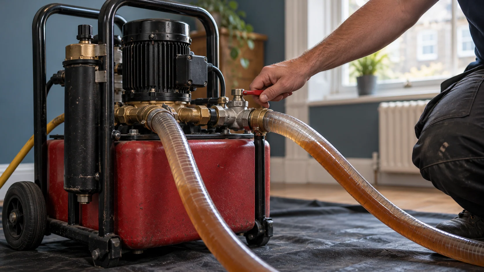 Close view of a powerflushing machine and reinforced hoses carrying discoloured heating water.