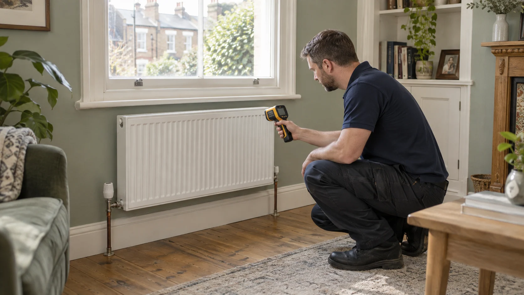 Heating engineer checking the surface temperature of a white panel radiator with a handheld infrared instrument