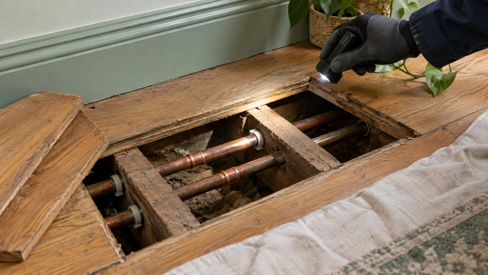Close view of two independent copper heating pipes inspected through a small floorboard access opening