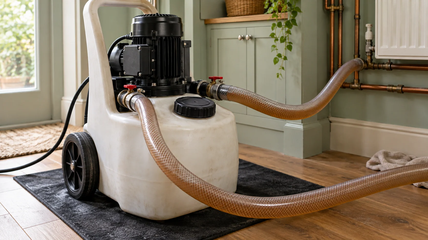 Close view of an unbranded powerflushing machine with separate translucent circulation hoses containing brown heating water