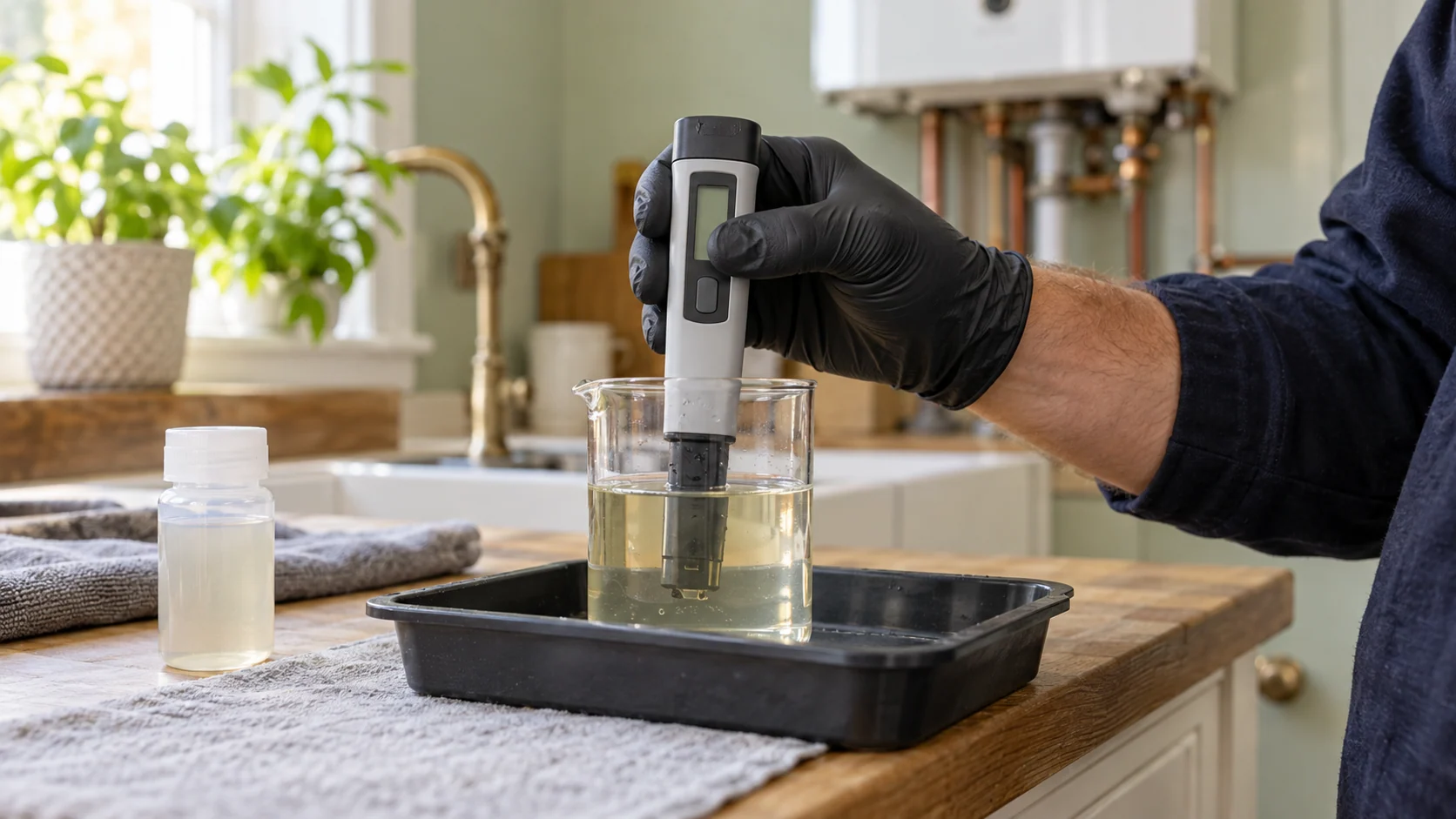 Heating-water sample checked with a pen-style meter on a protected worktop