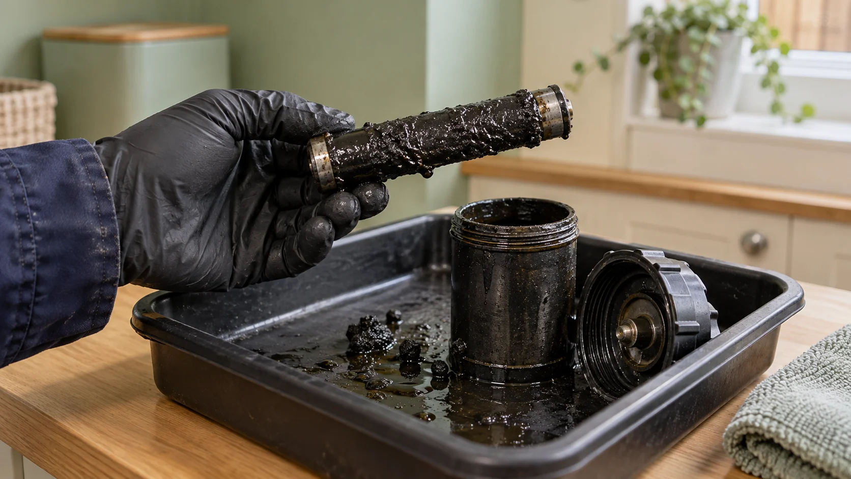 Black magnetite deposits on a heating filter magnetic sleeve held above a service tray