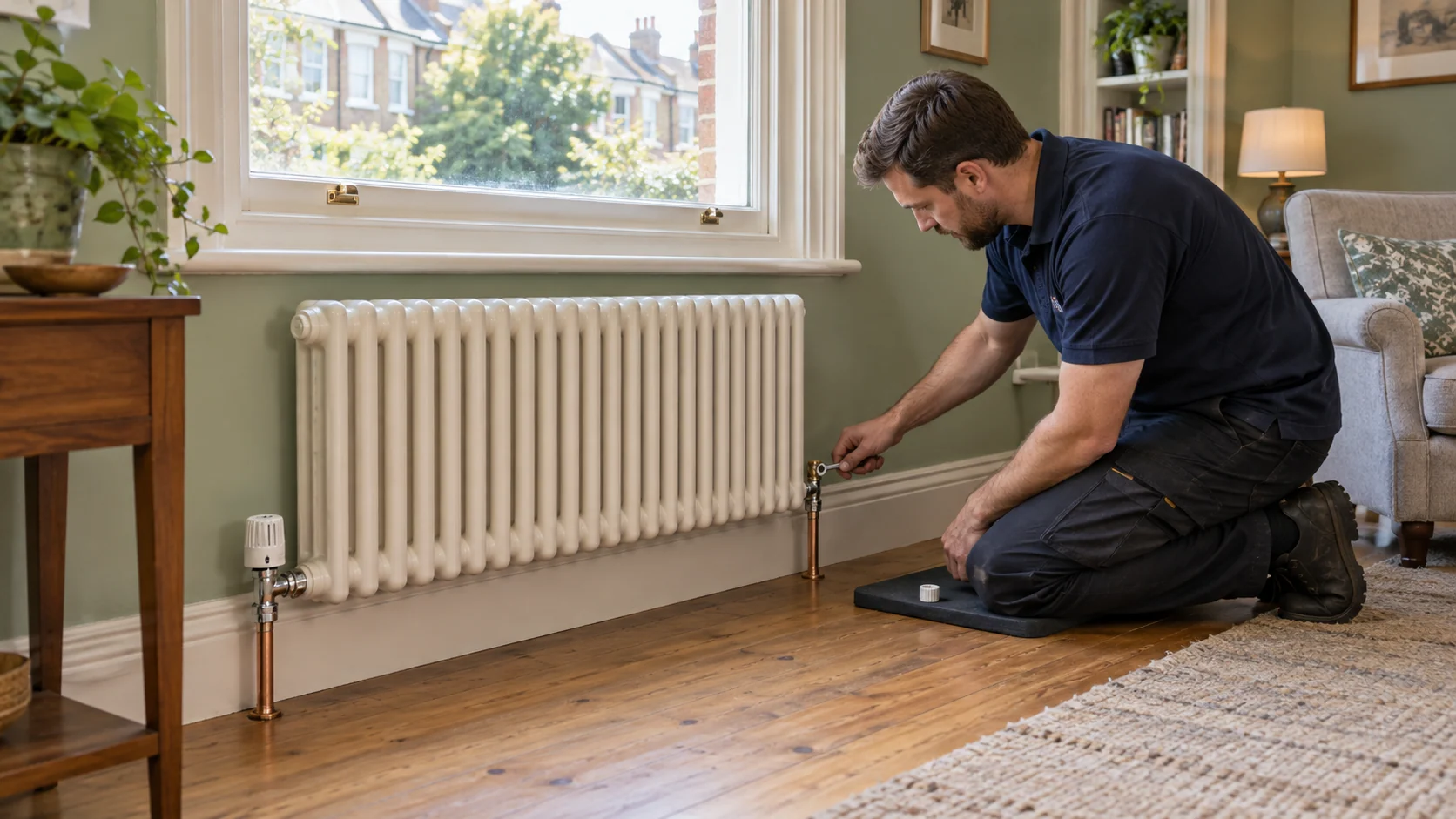 Heating engineer adjusting a radiator lockshield valve during final system checks in a celadon-green sitting room