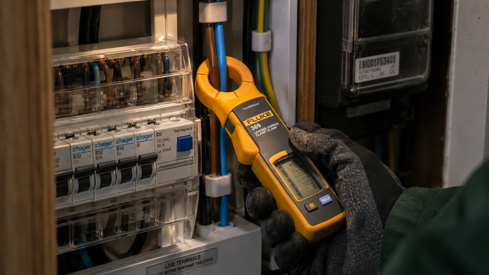 Electrician positioning a yellow leakage-current clamp around insulated line and neutral conductors
