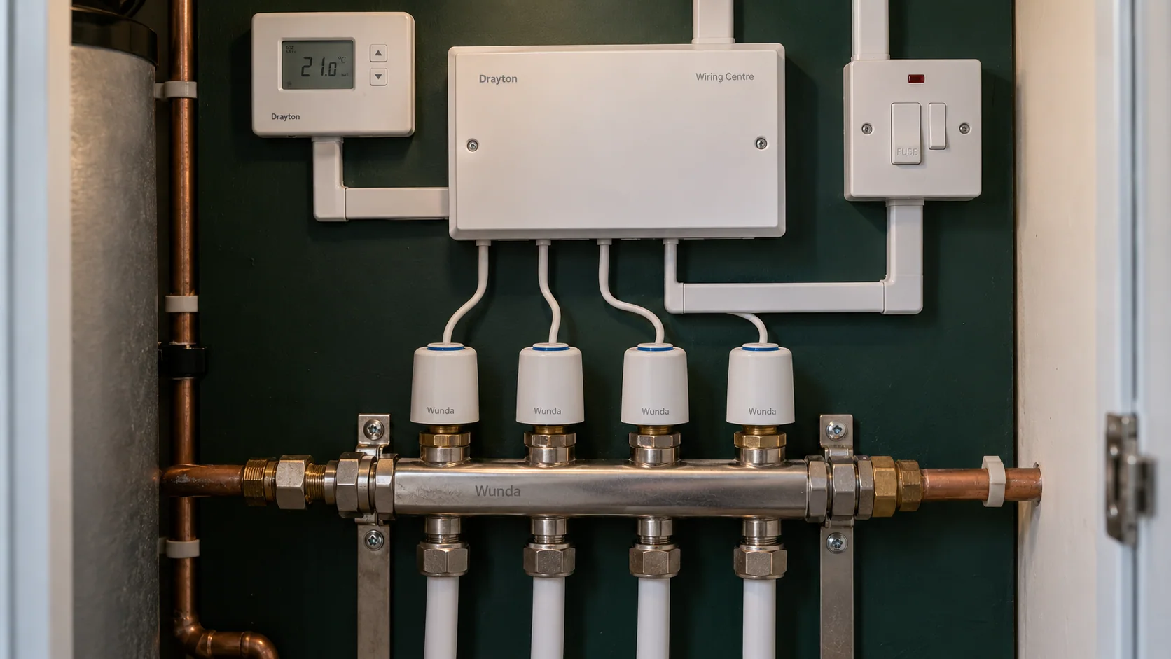 Covered heating wiring centre, fused connection unit and wired actuators above an underfloor heating manifold