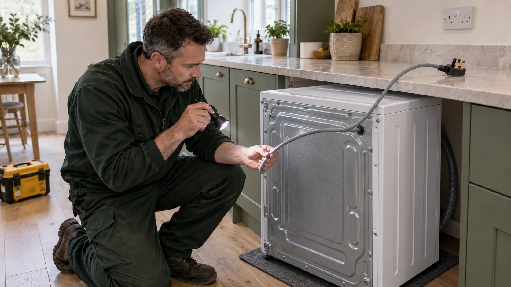 Electrician inspecting an unplugged washing machine and its supply connection in a London kitchen