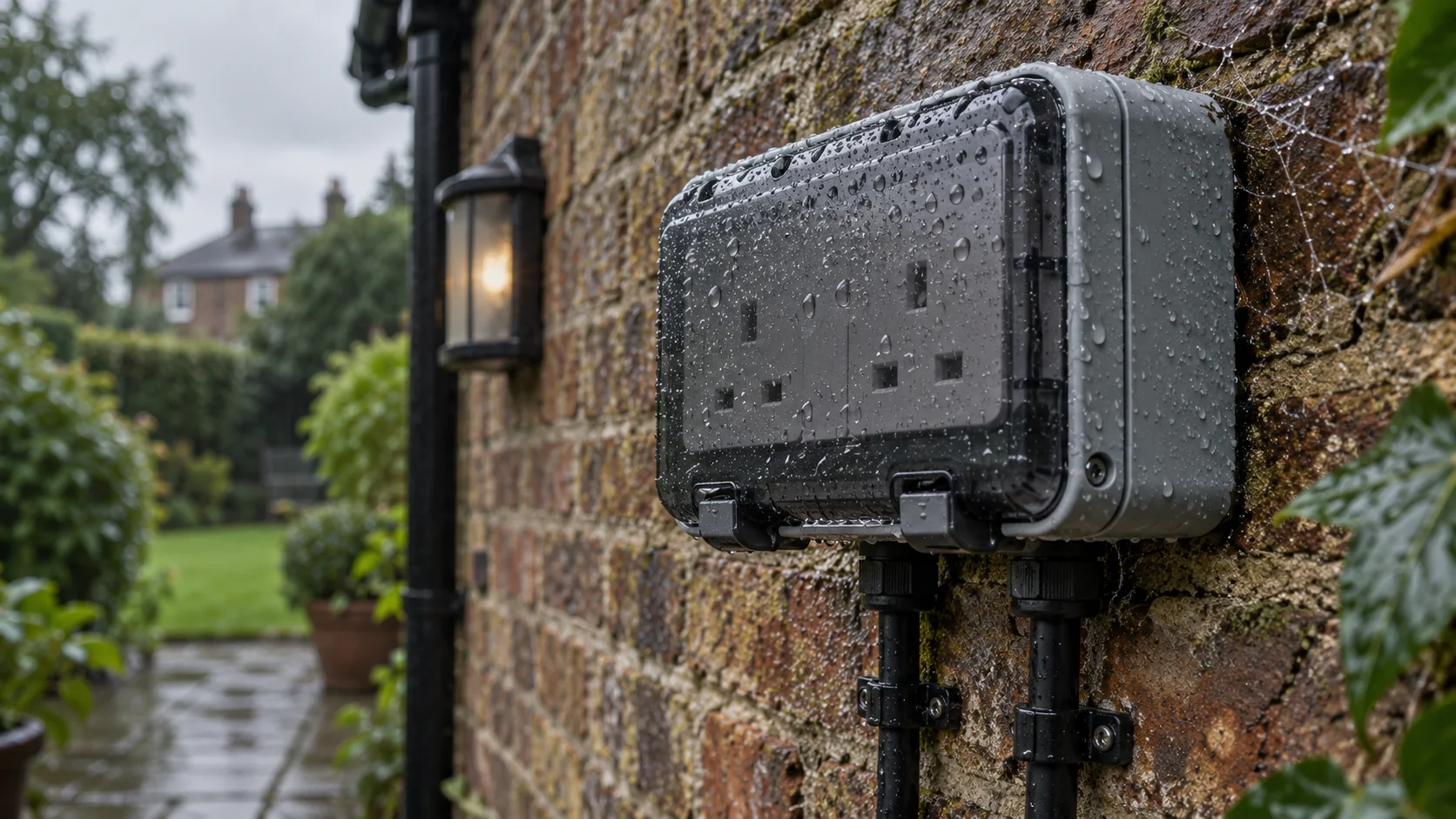 Weatherproof outdoor socket and cable entries on a damp London garden wall after rain
