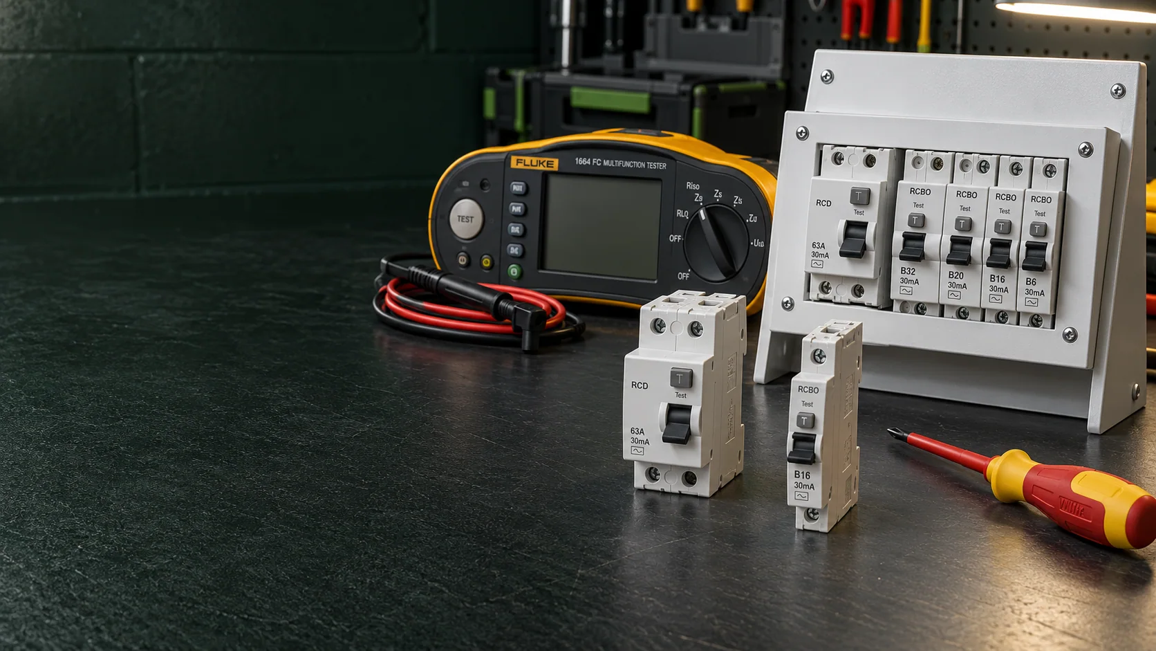 RCD and RCBO devices with a yellow multifunction installation tester on an electrical workbench
