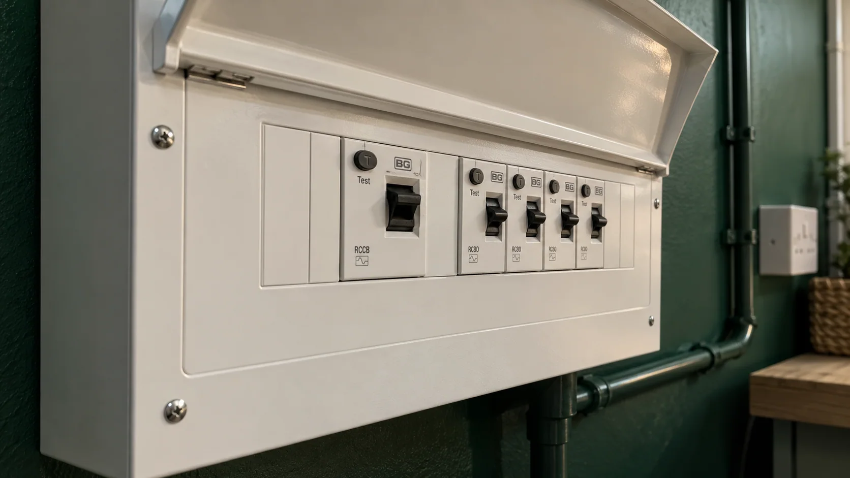 Close-up of residual-current protection and circuit breakers in a covered domestic consumer unit