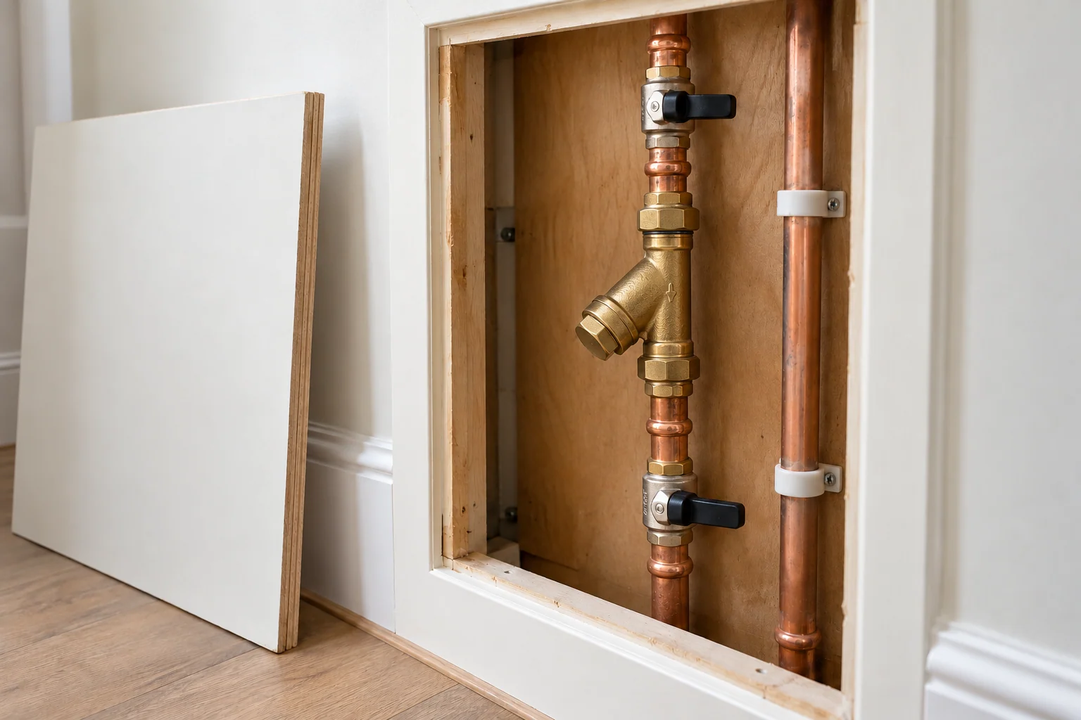 Open joinery access hatch exposing a brass Y-strainer and isolation valves on copper pipework.