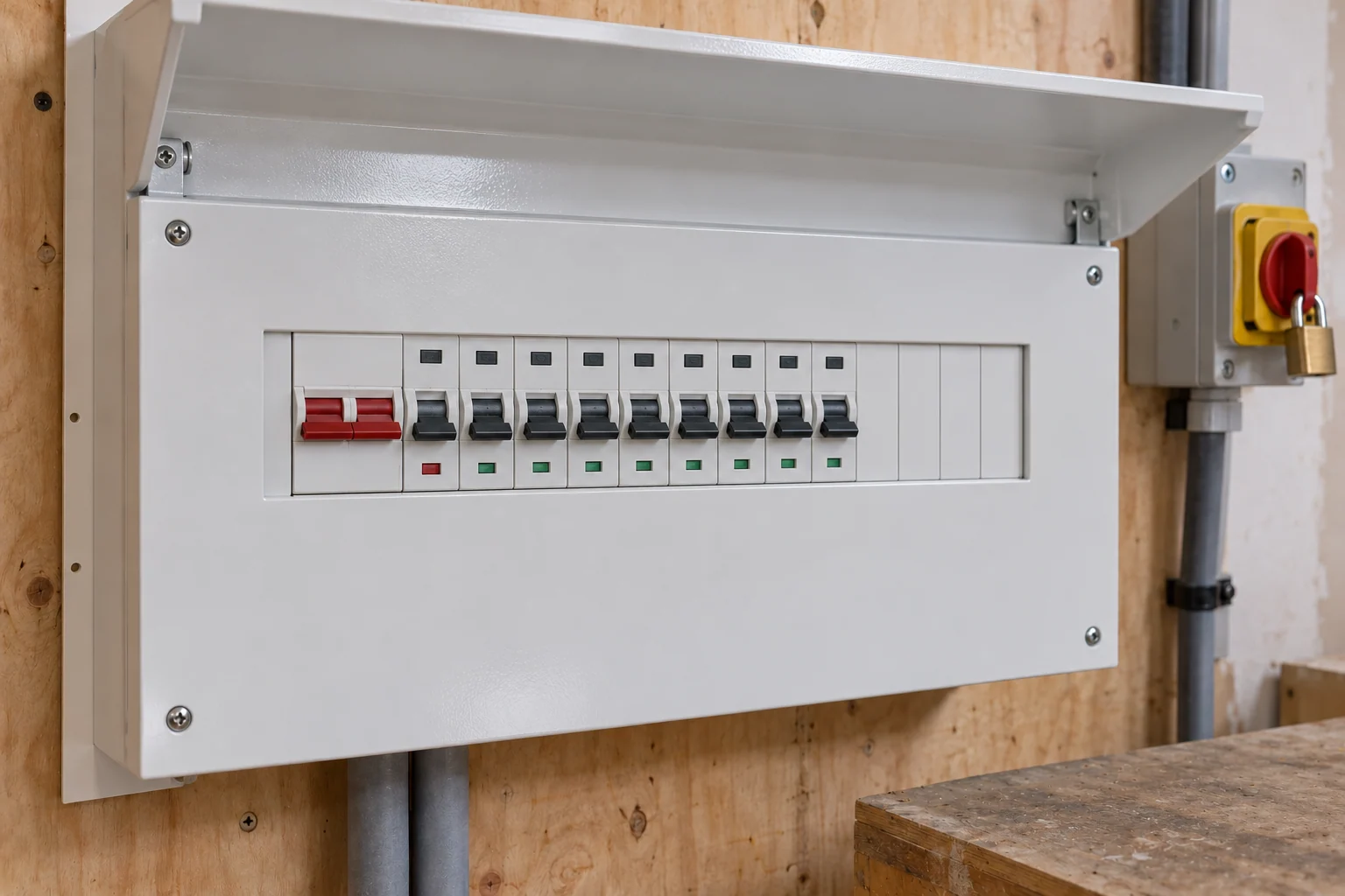Metal consumer unit with its terminal cover fitted, accessible circuit controls and an adjacent isolation switch.
