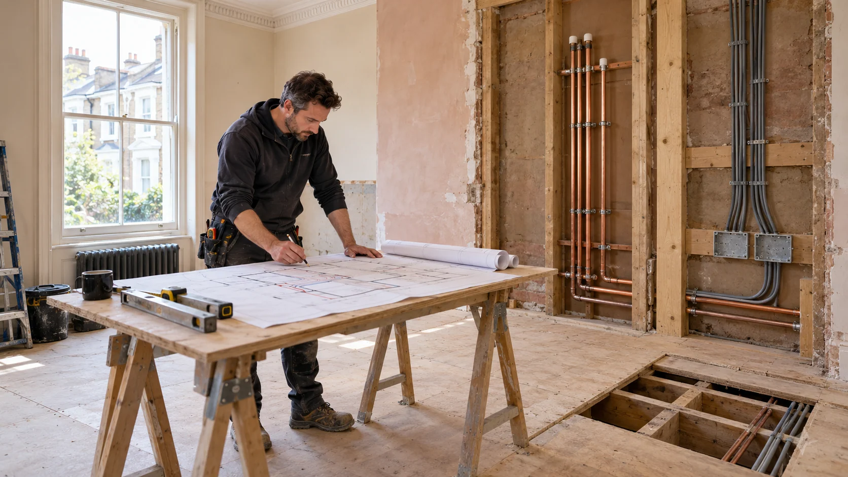 Installation planner reviewing drawings in a London period home with visible first-fix plumbing and electrical routes.