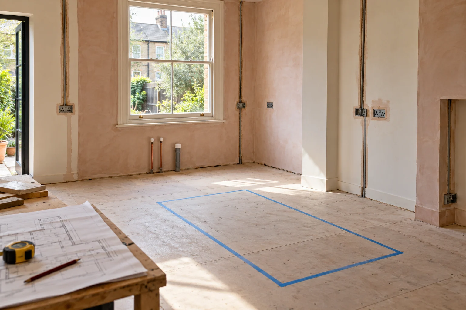 Kitchen renovation with marked island footprint and first-fix services before cabinetry installation.
