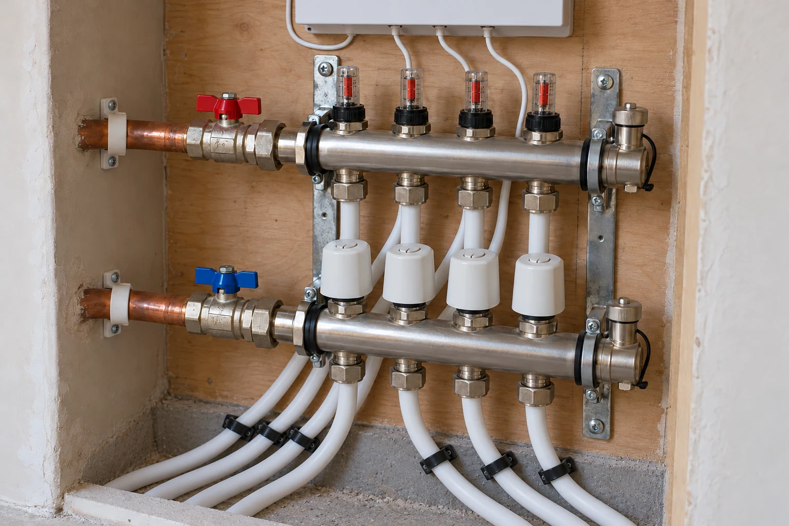 Underfloor heating manifold with flow meters, actuators, circuit pipework and a nearby wiring centre.