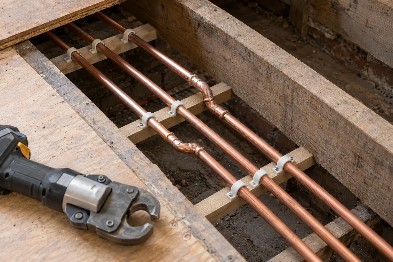 Close view of copper pipework with press-fit joints and clips in an open timber floor void.