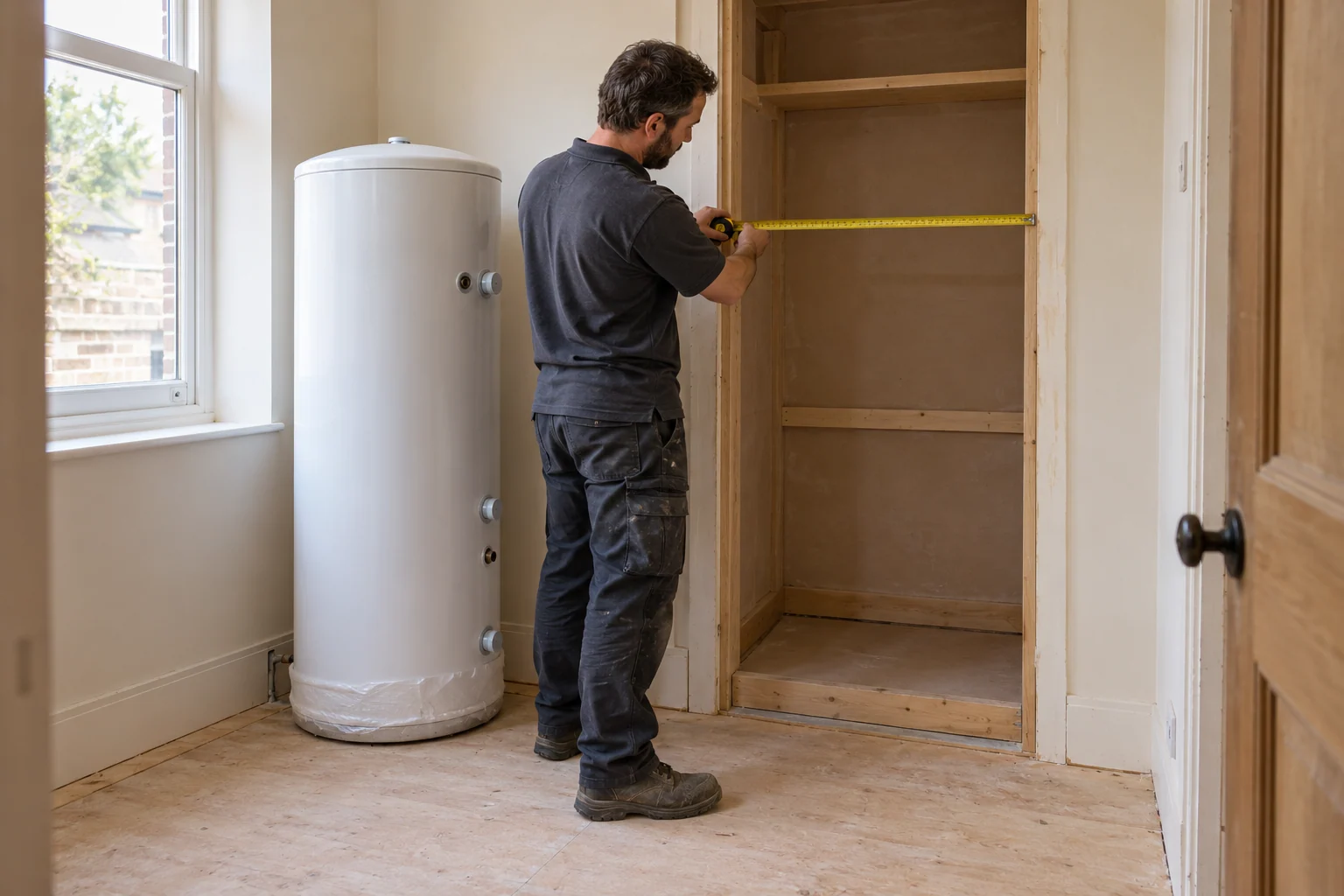 Engineer measuring a plant cupboard opening beside an unconnected hot-water cylinder.