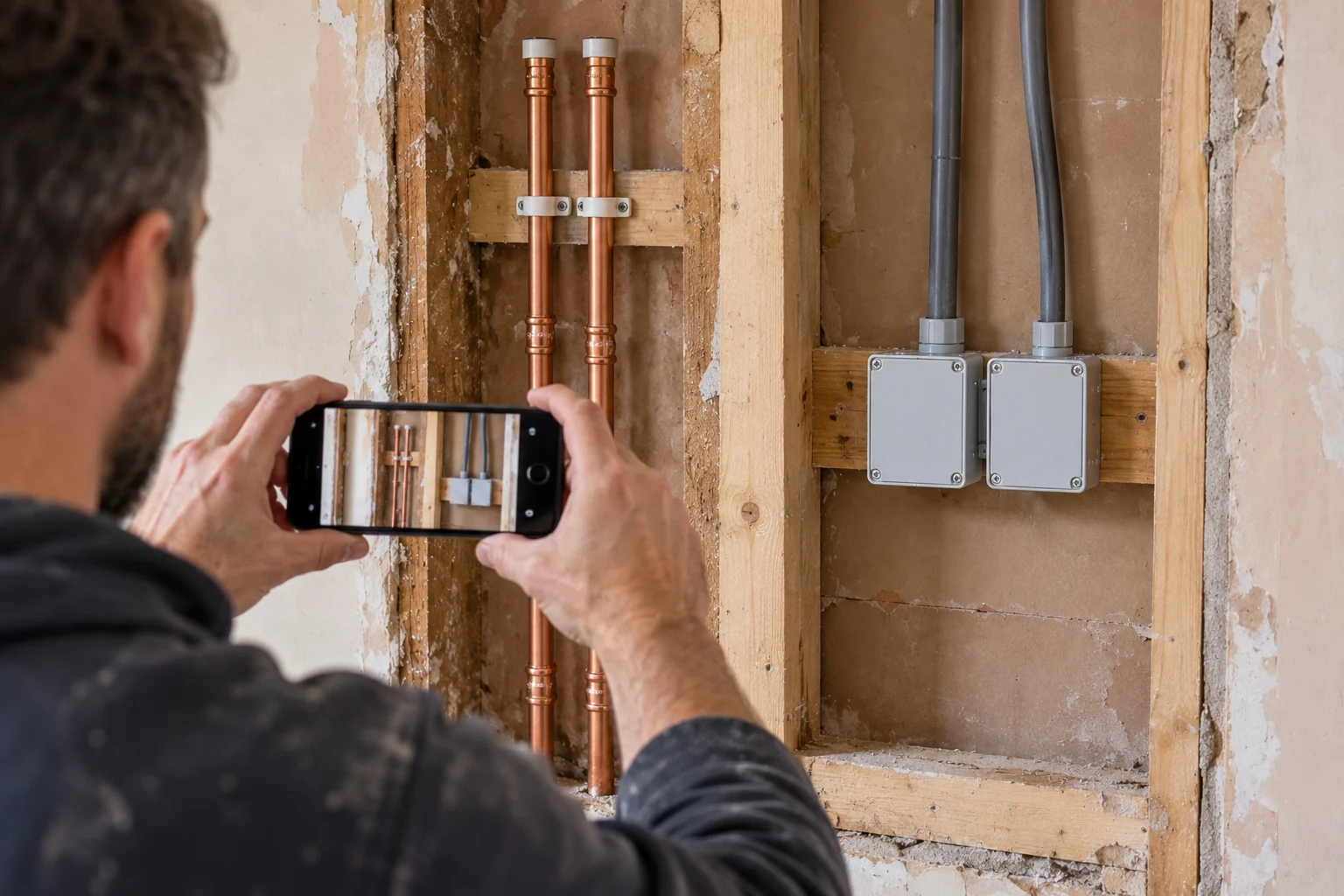 Installer photographing visible pipe and electrical routes before a wall is closed.