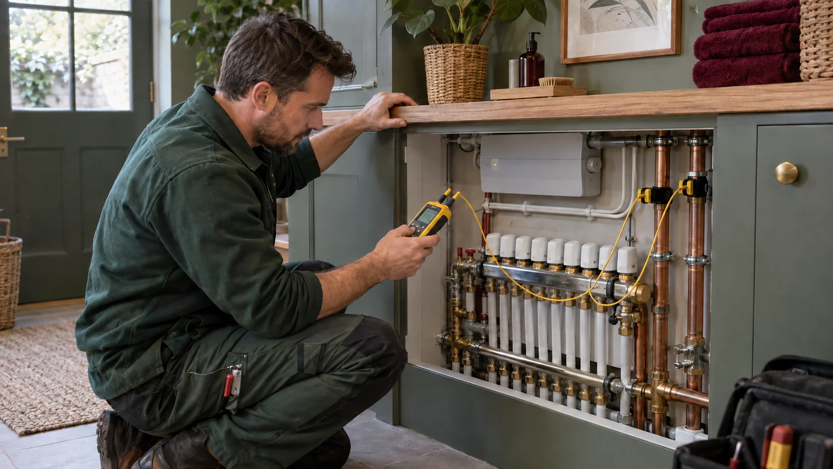 Heating engineer checking pipe temperatures beside a manifold during commissioning.