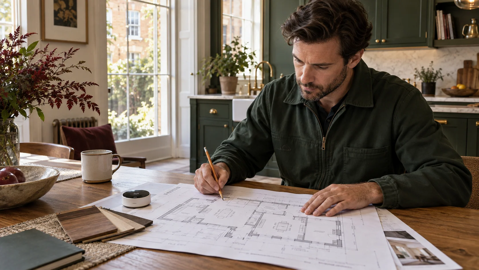 Heating engineer reviewing room layouts and control positions for a London home.