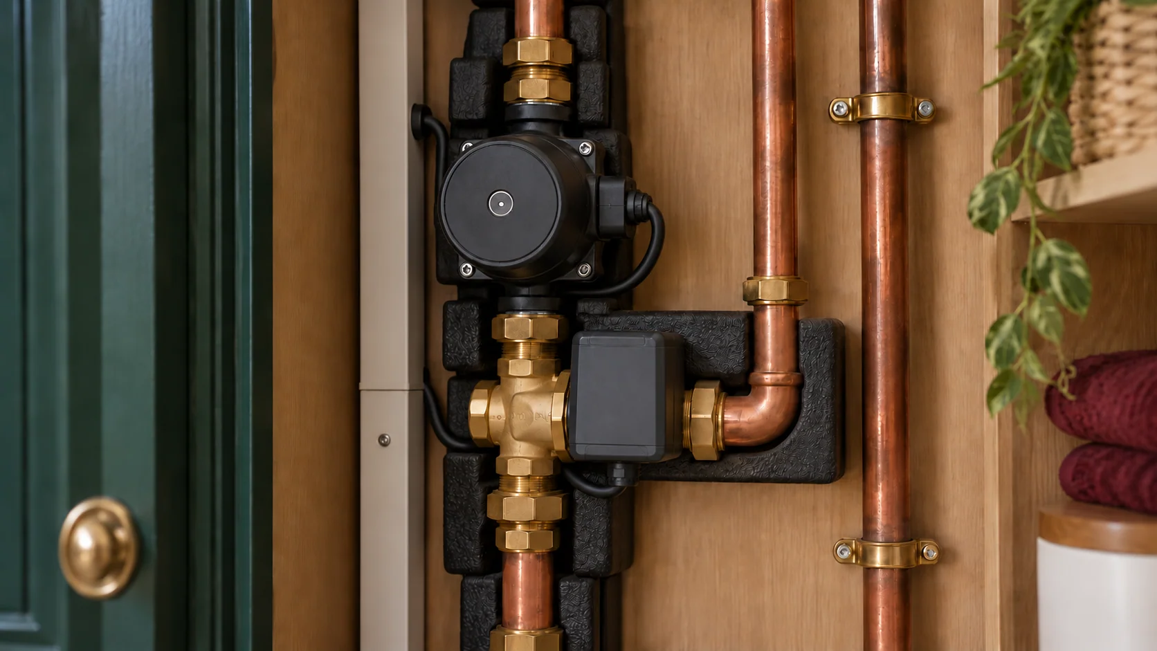 Motorised mixing valve and circulation pump in a heating circuit assembly.