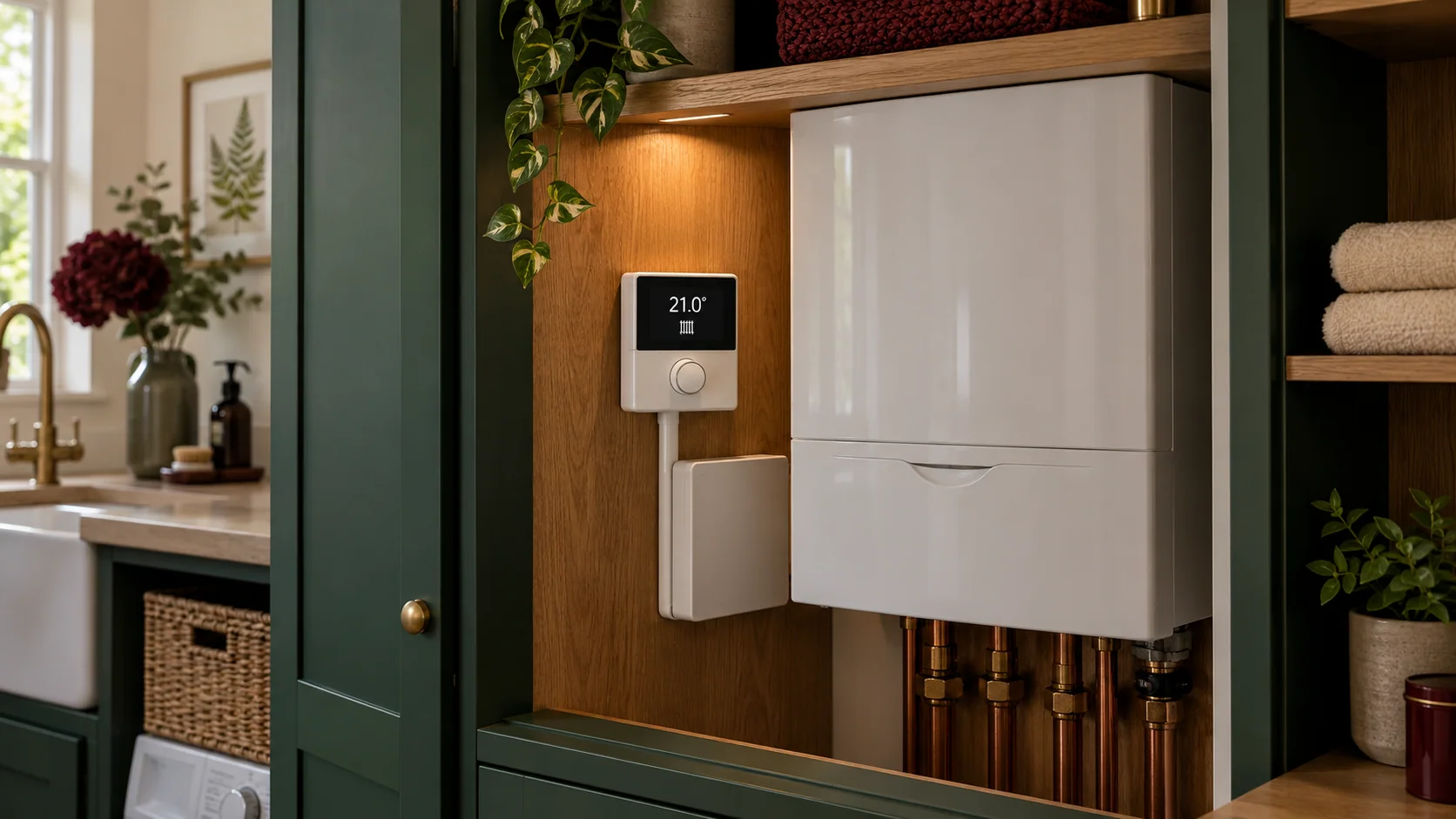 Wall-mounted heating system controller beside a modern boiler in a fitted utility room.