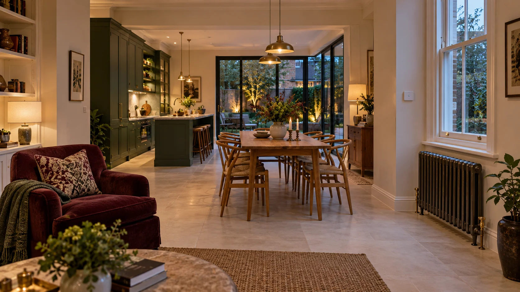 London living and kitchen space with a finished stone floor, column radiator and discreet wall thermostat.