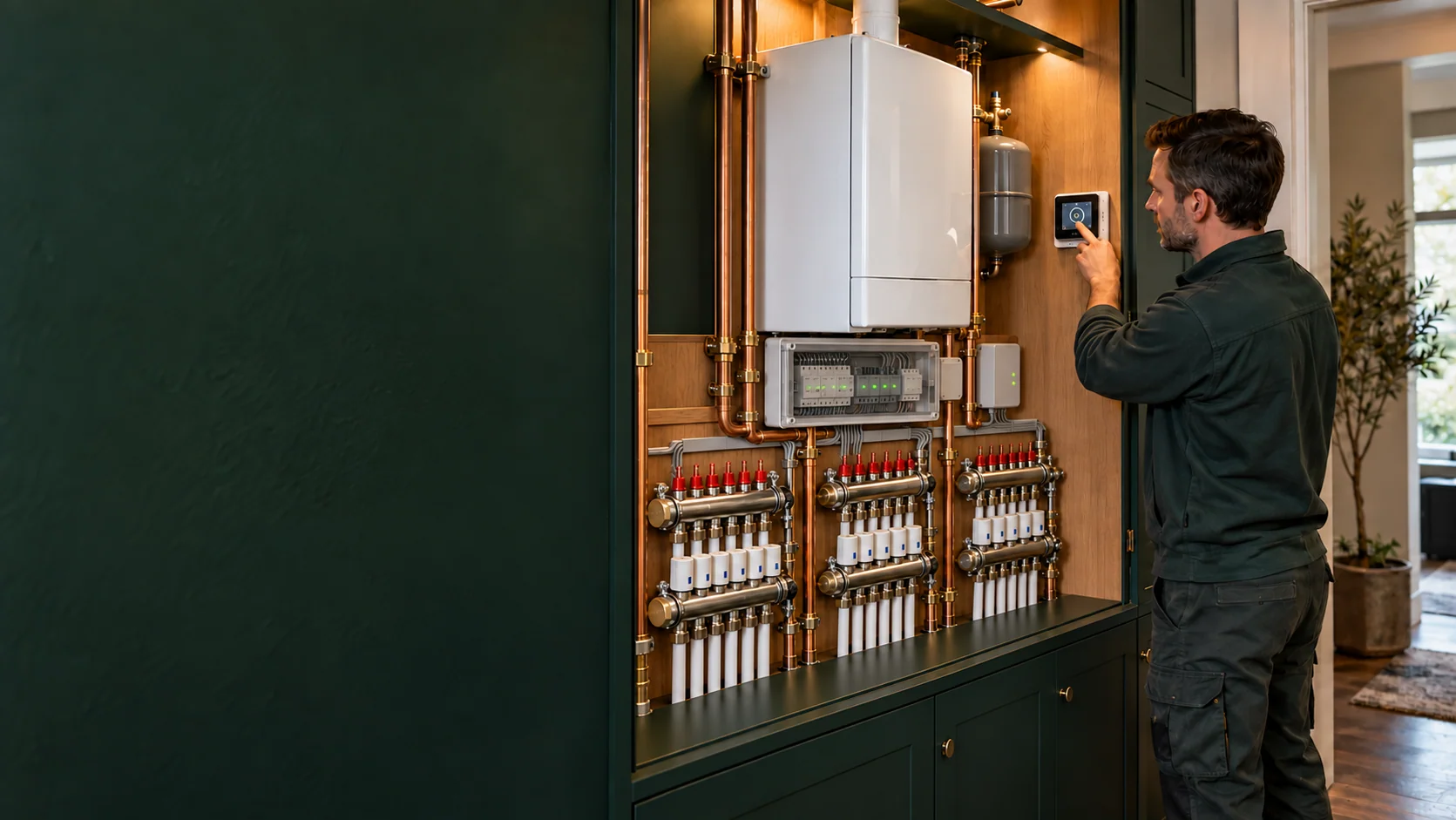 Heating engineer using a wall controller beside a boiler, electronic control modules and three manifolds.