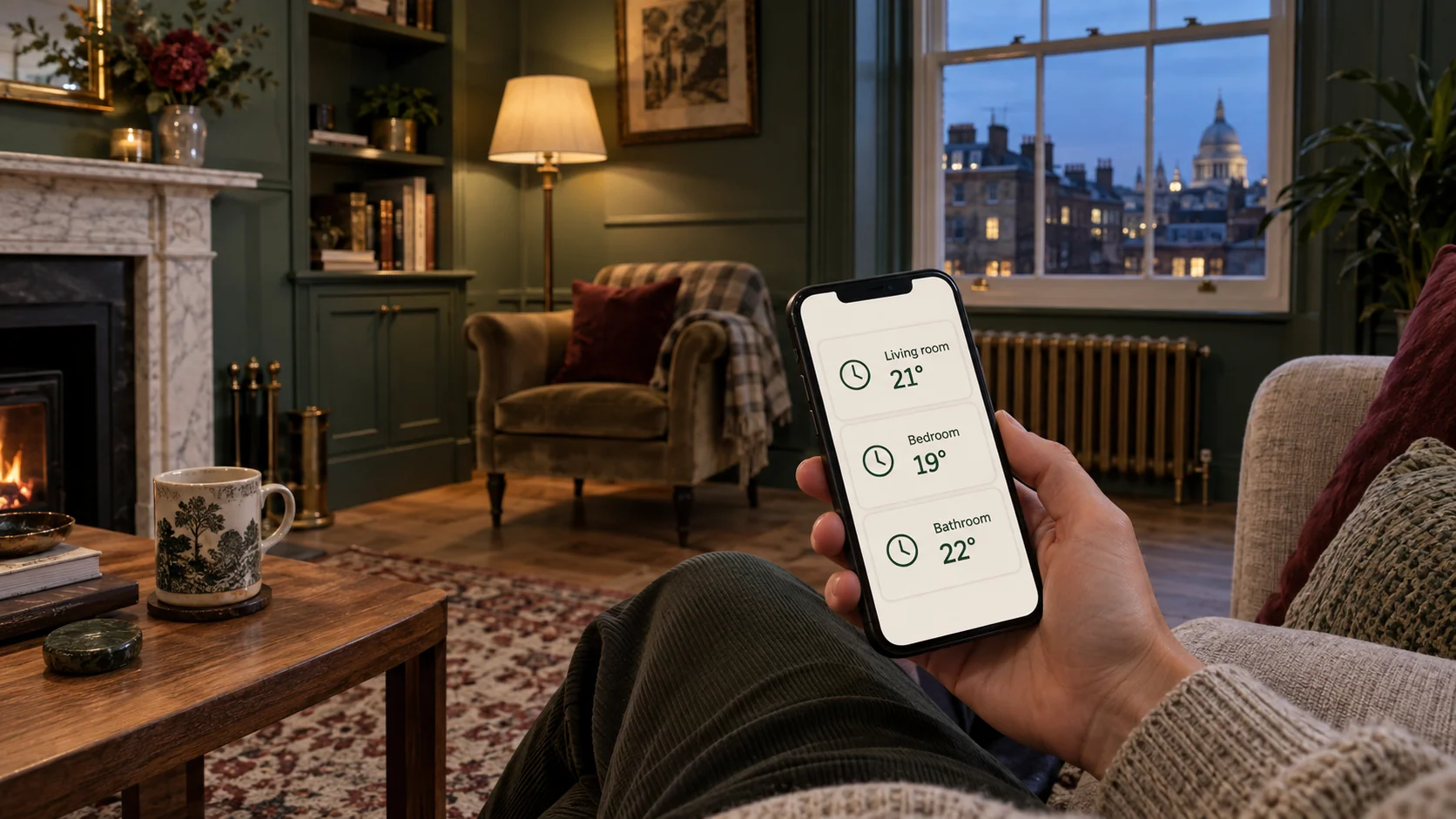 Smartphone displaying room temperatures in a comfortable London living room.