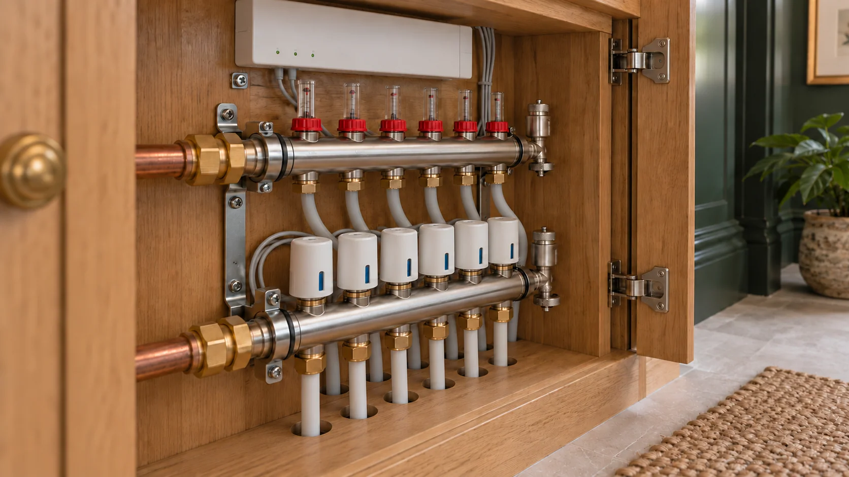 Underfloor heating manifold with white electrothermal actuators and a closed zone wiring centre.