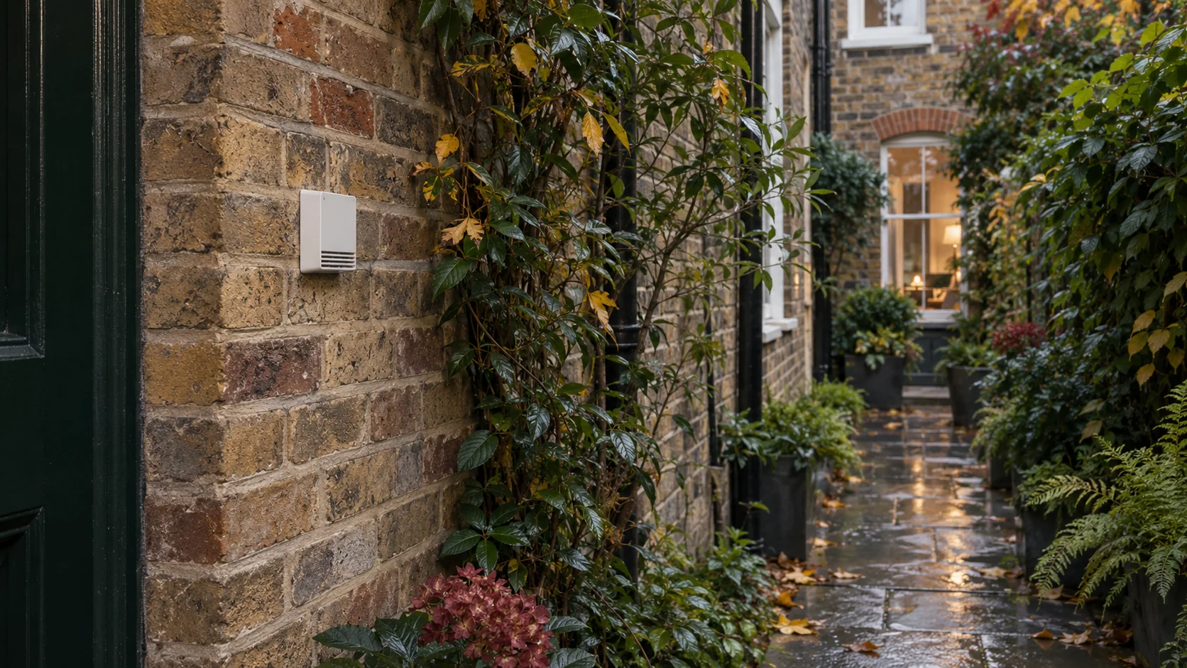Outdoor temperature sensor on a shaded brick wall of a London house.