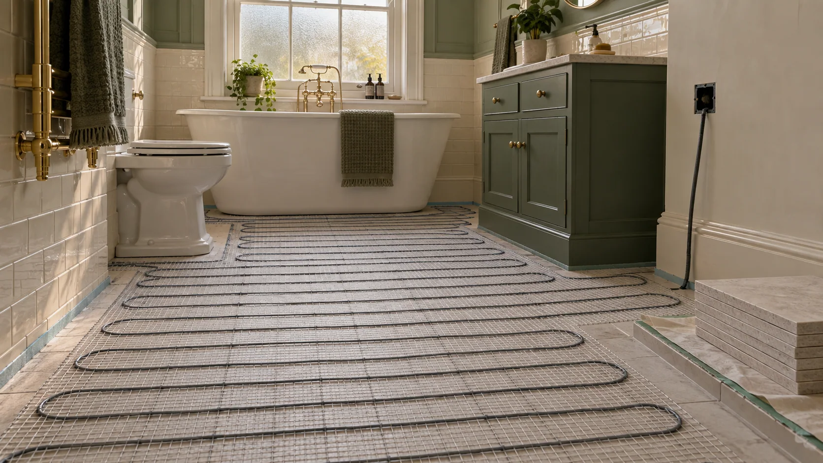 Electric underfloor heating mat laid on a prepared bathroom floor before the final tiles are fitted.