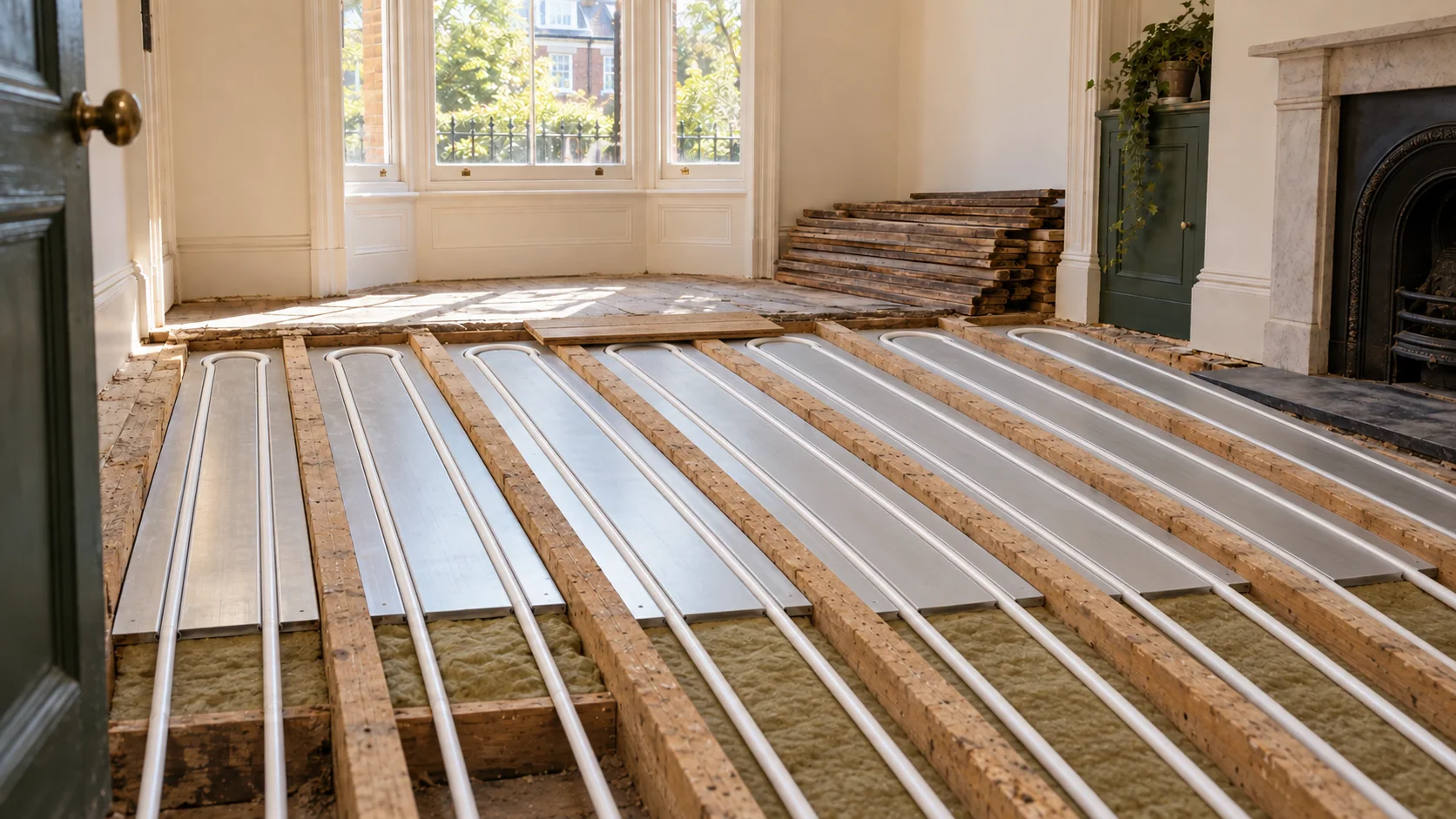 White underfloor heating pipes in aluminium spreader plates between timber joists, with insulation below.