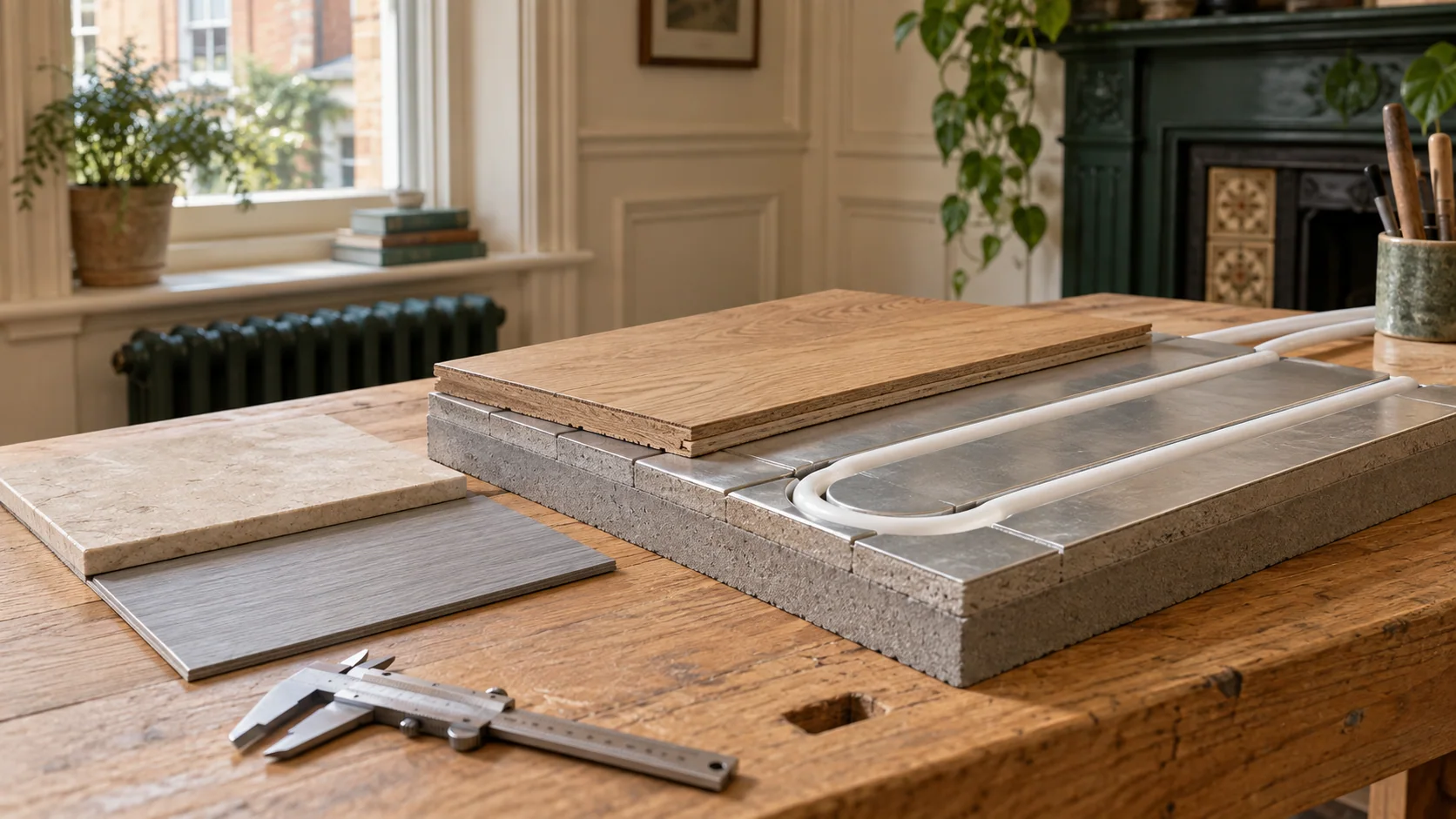 Floor build-up sample with low-profile heating panels and oak and stone finishes in a London renovation.