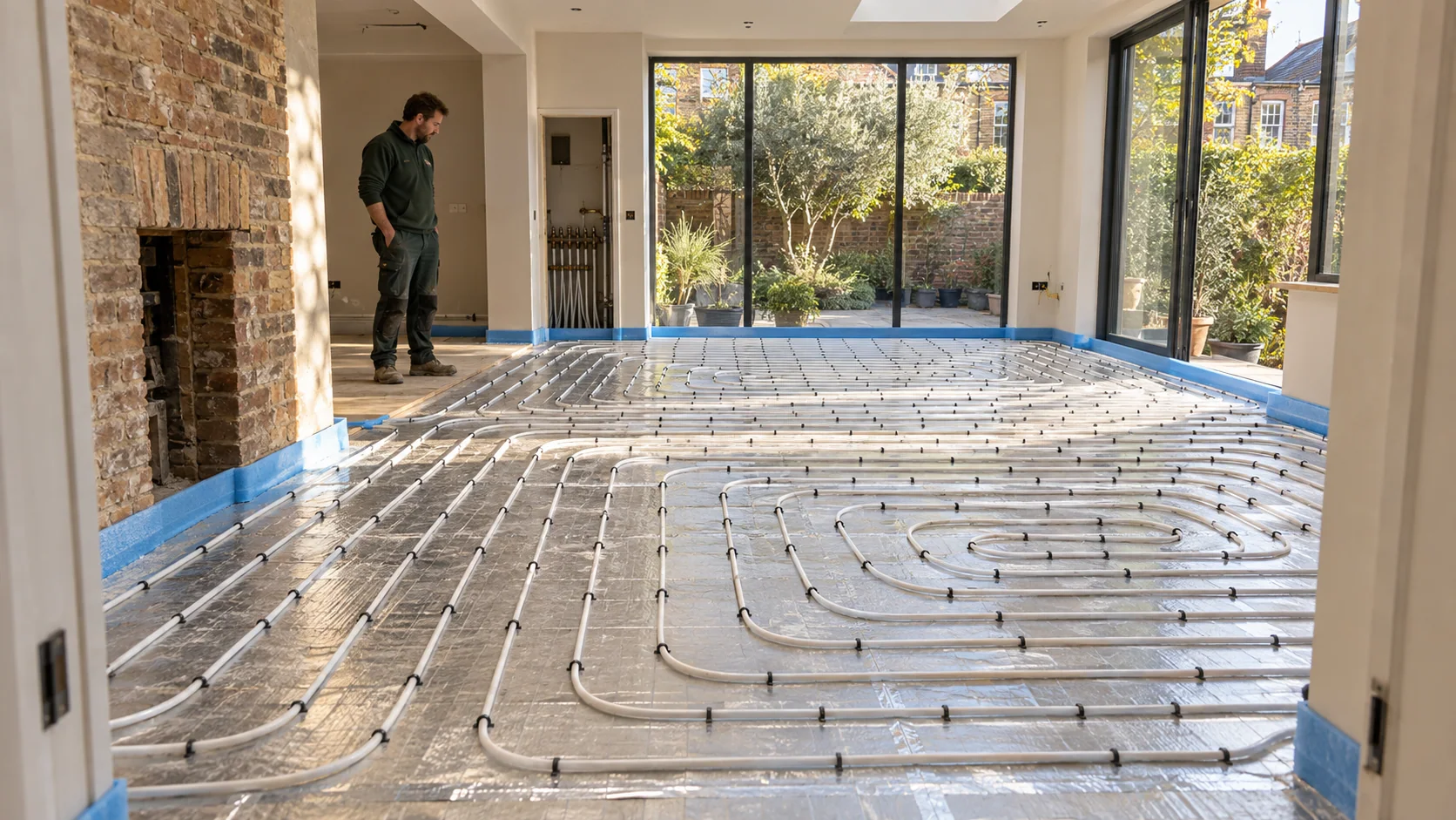 White underfloor heating pipework clipped over insulation in a London extension before screeding.