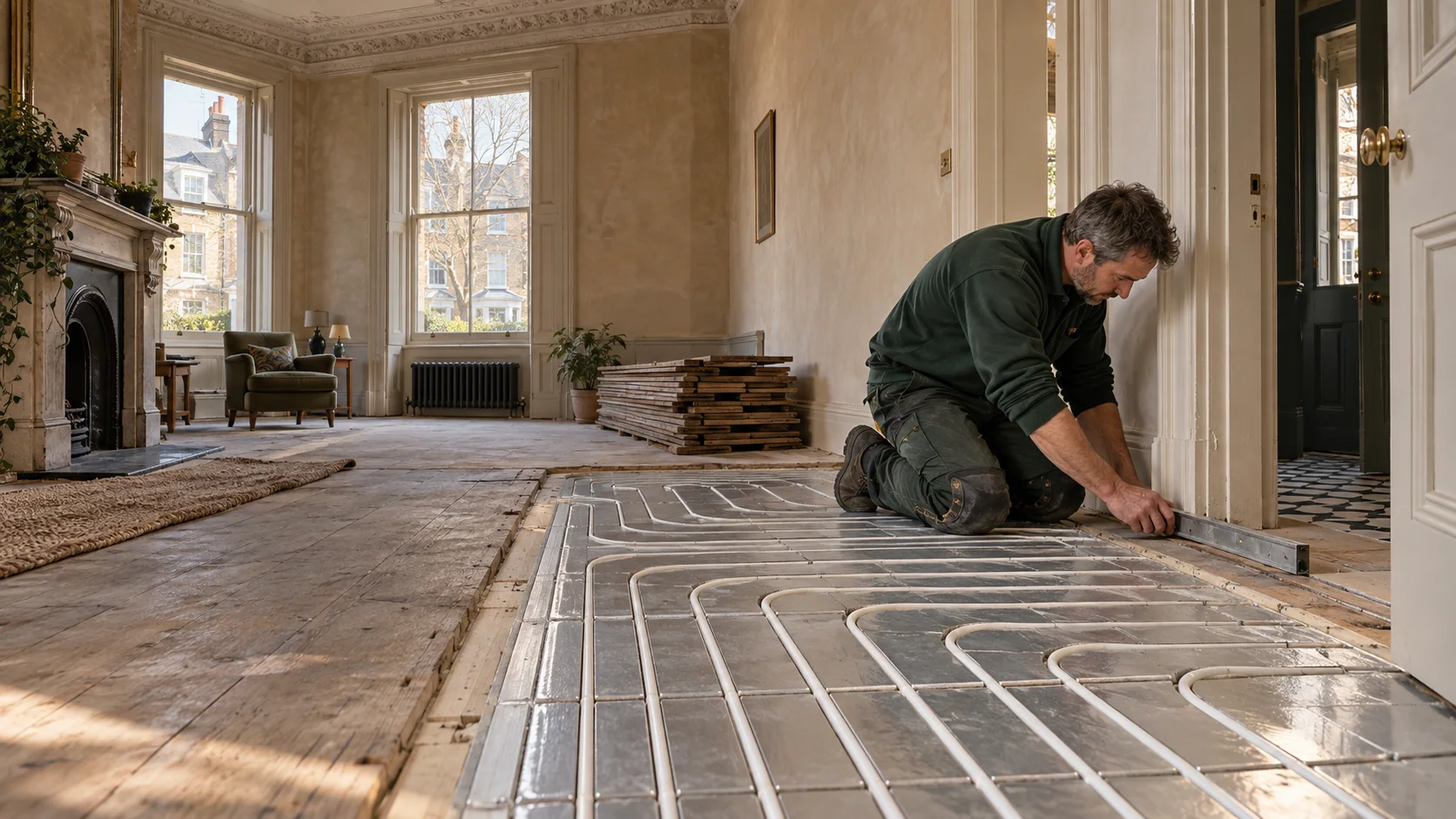 Installer checking the floor level beside low-profile underfloor heating panels in a London period home.