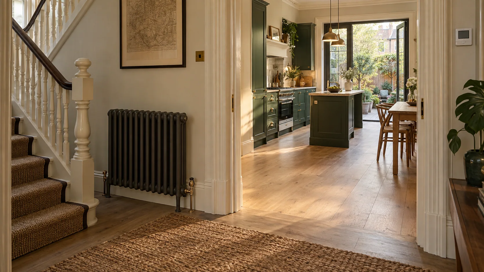 Renovated London home with a finished oak floor downstairs and a retained radiator beside the staircase.