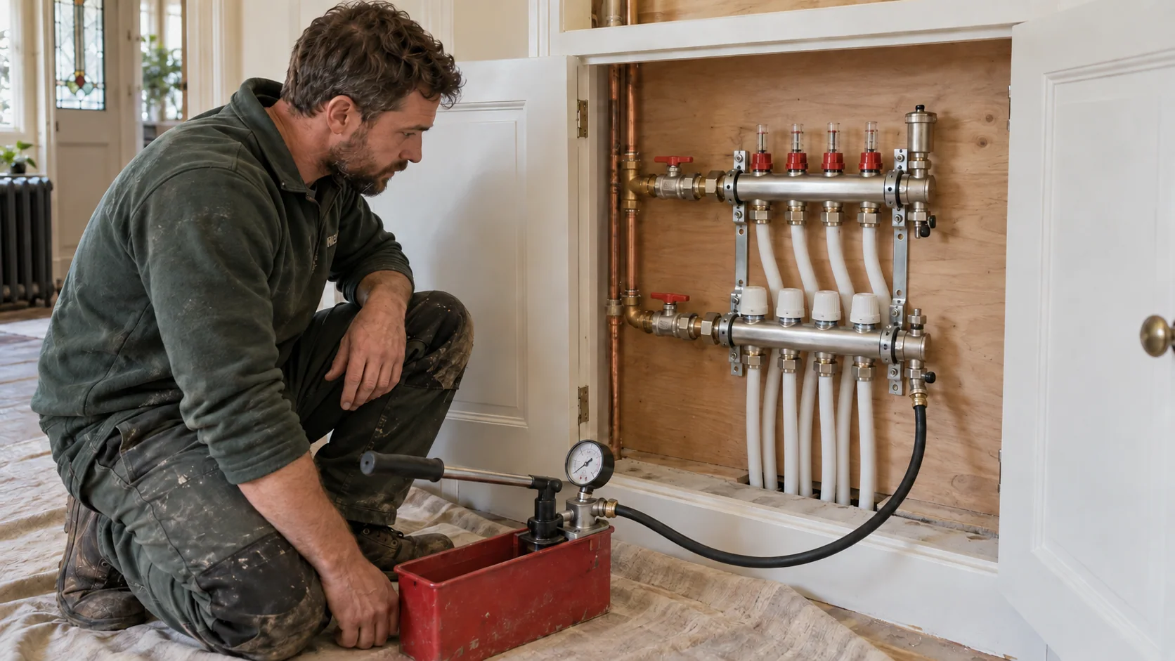 Heating engineer inspecting an accessible underfloor heating manifold during a hydraulic pressure test.