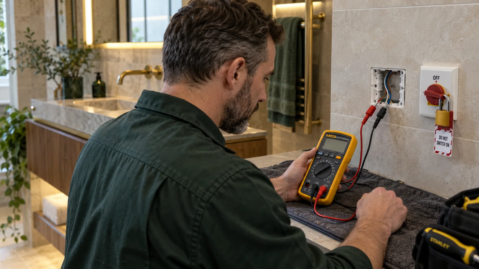 Electrician using a yellow multimeter to test isolated underfloor heating connections in a bathroom.