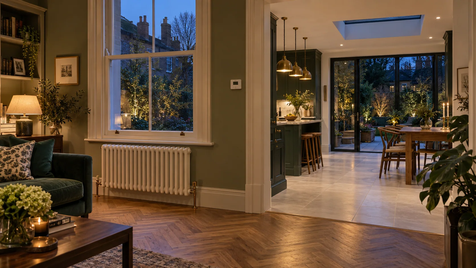 London home with a column radiator in the original room and a stone-floored kitchen extension.
