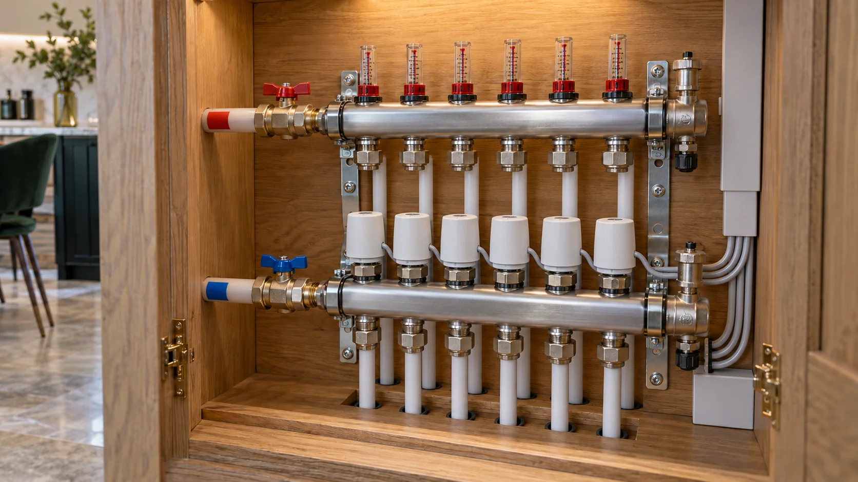 Close-up of underfloor heating manifold flow meters, actuators and connected white pipework.