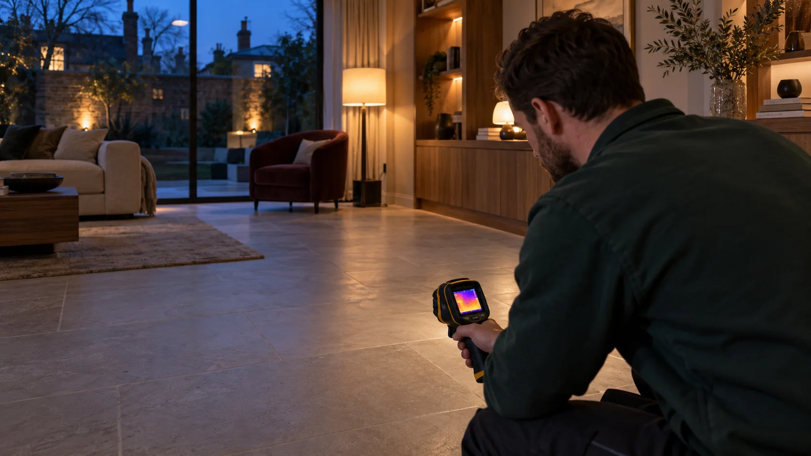 Heating technician using a thermal imaging camera to inspect a finished floor in a London home.