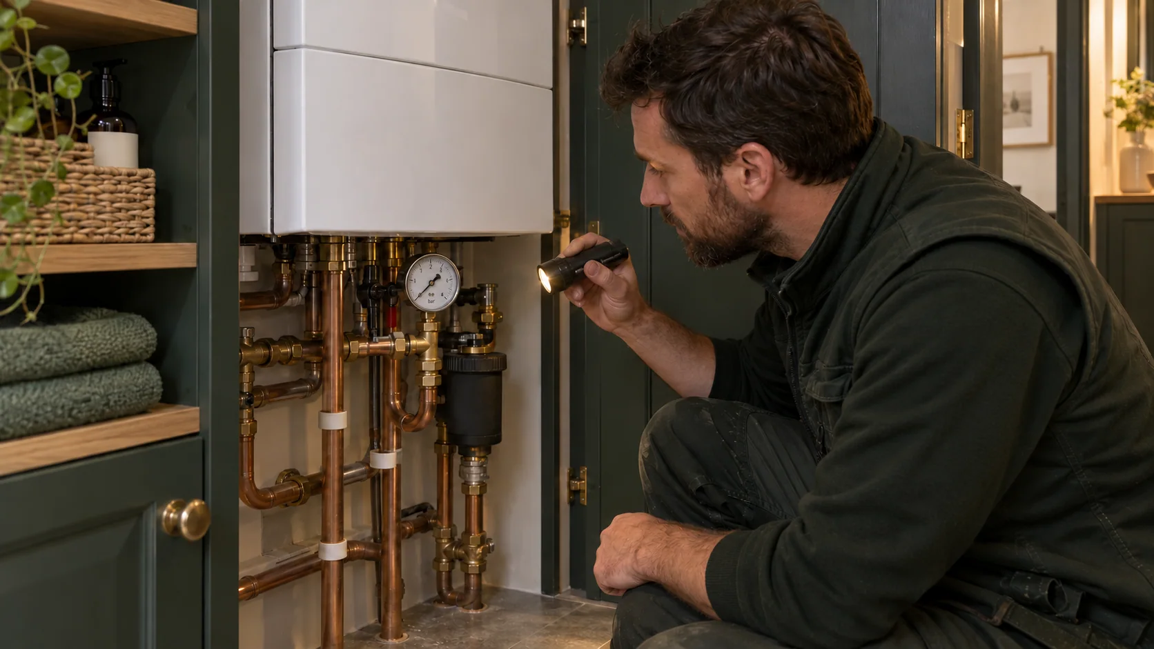 Heating engineer inspecting a pressure gauge and accessible heating pipe connections in a utility cupboard.