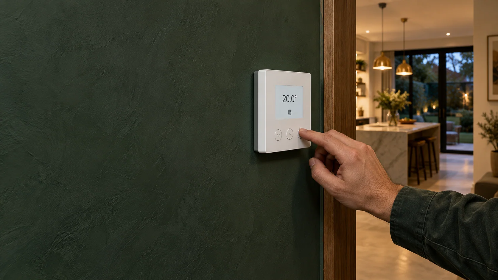 Hand operating an underfloor heating thermostat beside a finished kitchen.