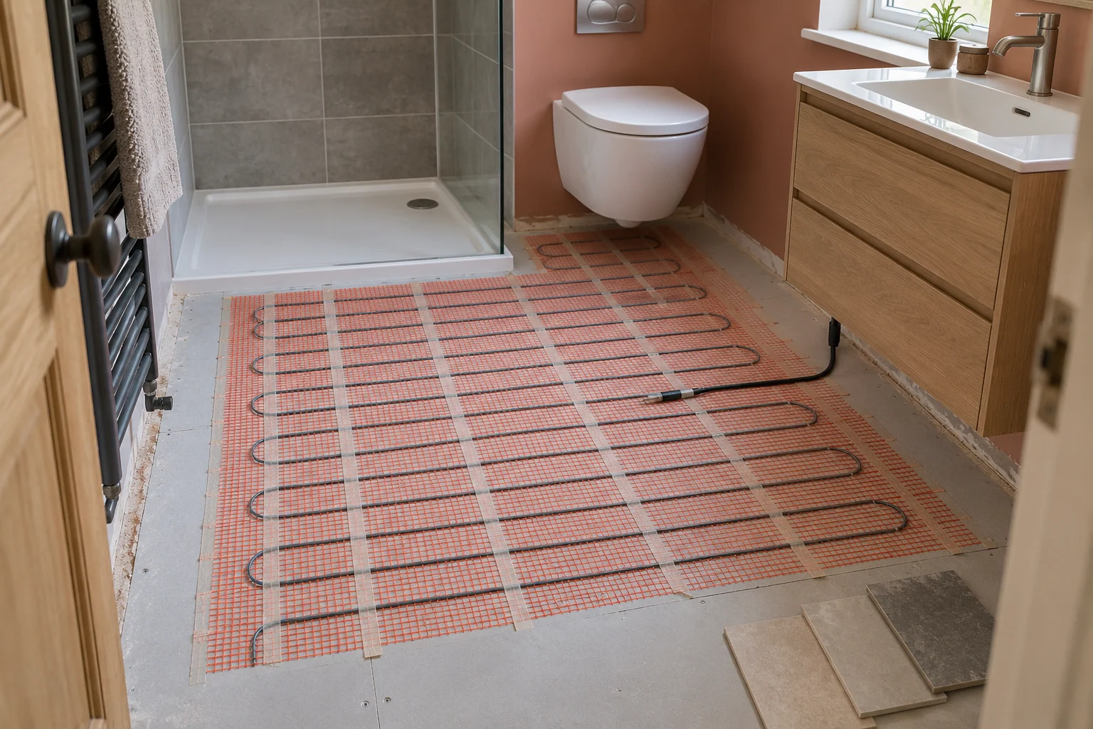 Electric underfloor heating mat fitted on tile-backer boards in a bathroom before tiling