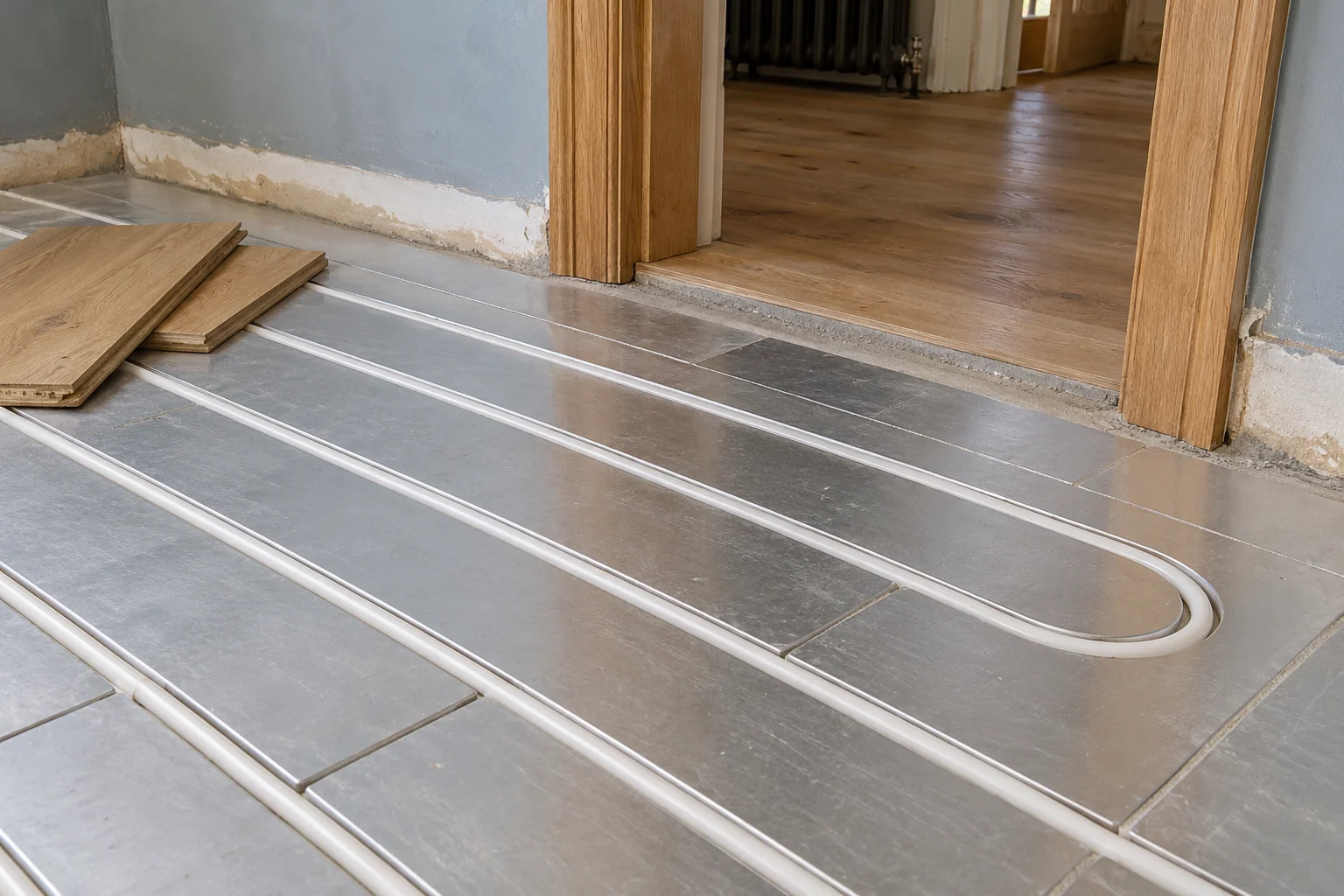 White underfloor heating pipe in low-profile overlay panels beside a retained timber doorway