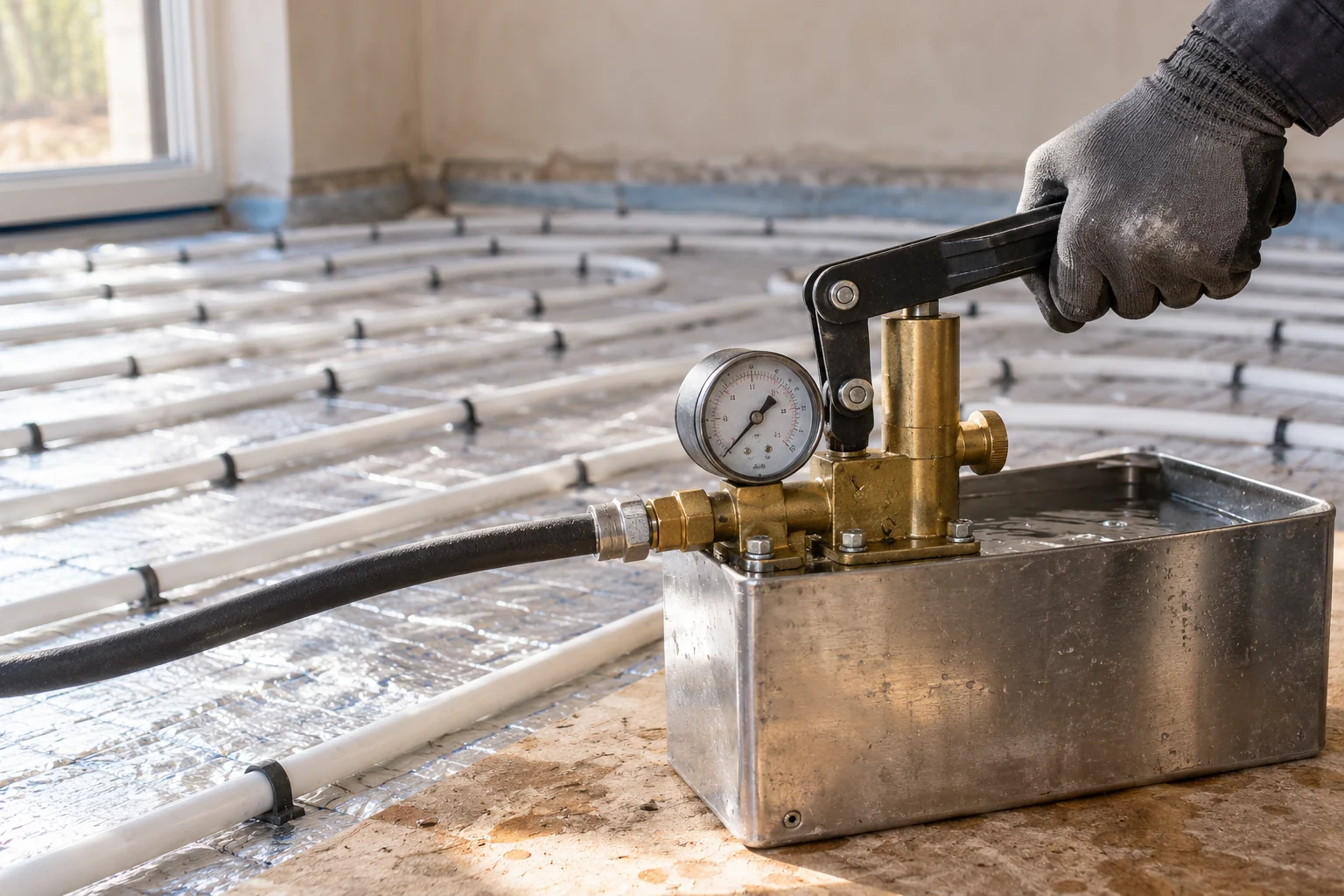 Manual water pressure-test pump with a connected hose beside underfloor heating pipework