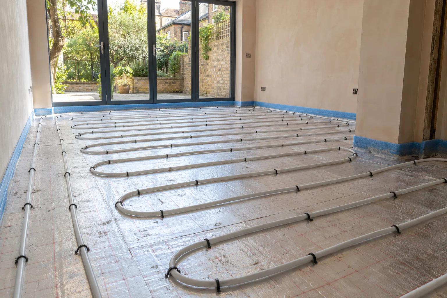 White underfloor heating loops clipped to insulation before screeding in a rear extension